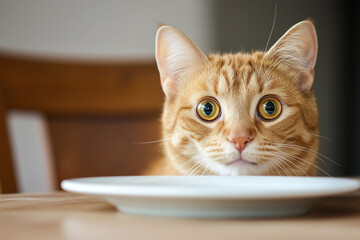 Curious orange cat watching closely as food is placed on the table, capturing a moment of anticipation indoors