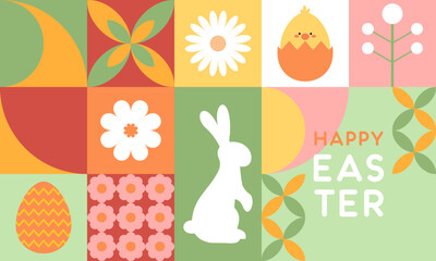 Trendy Minimalist Modern Colorful Easter Geometric Pattern with Easter Icons Flat Illustration. Design for Wrapping Paper, Background, Poster, Card, Packaging, Wallpaper, and Many More.