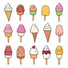 Ice cream colorful drawing clipart set. Popsicle stick and ice cream cone clip art with sweet flavor elements vector illustration summer dessert flat collection. 