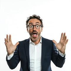 Surprised businessman in suit with open mouth and hands up, expressing shock, amazement, or disbelief