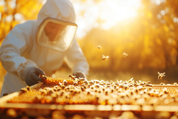 Beekeeper tending to hives during golden hour in a serene outdoor setting