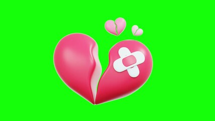 3D Video Motion Pink heart mend with bandage small broken hearts nearby. Suitable for love, relationship, healing, recovery, emotional support concepts.