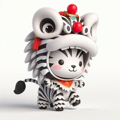 3D Adorable cartoon happy zebra in a lion dance costume, white background