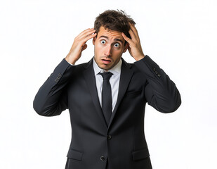 Stressed businessman in suit, hands on head, overwhelmed expression, corporate anxiety, worried, problem-solving, panic, crisis