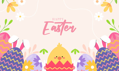 Cute Happy Easter Celebration Background with Various Colorful Painted Easter Eggs, Bunny, and Chick. Design for Season Greetings, Wallpaper, Posters, Banners, Cards, Invitations, and Many More.