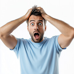 Shocked man with open mouth and hands on head, capturing a moment of surprise, astonishment, or disbelief, conveying a range of emotions for marketing and design projects.