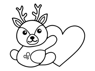 Valentine Day Deer Holding Heart Line Art