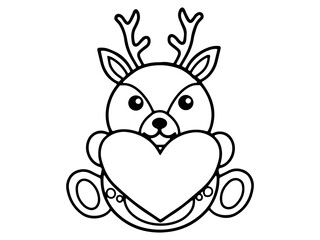 Valentine Day Deer Holding Heart Line Art