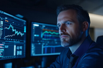 Professional in a modern office analyzing financial data on multiple screens at night