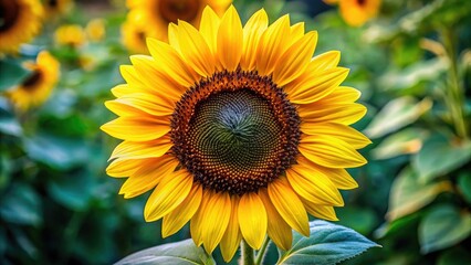 Obraz premium Bright yellow petals of a sunflower flower surrounded by dark green leaves and a large brown center, summer, bloom, botanical, garden, sunflower