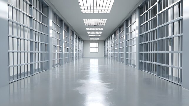 Stark and Ominous Prison Hallway with Rows of Cells and Institutional Architectural Design