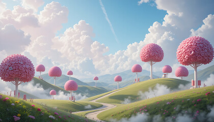 A dreamy, fantasy landscape filled with candy-shaped hills, towering pink lollipop trees, and a soft cloudy sky, creating a magical world.
