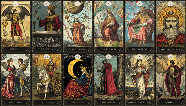 vintage vintage style deck of tarot cards. magical predictions of the future, mysterious characters.	