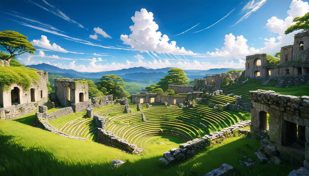 a kono ruins in a maze with herbal splendor on a sunny day japanese anime fashion history illustration