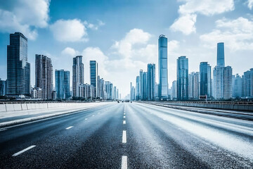 Obraz premium Wide Urban Highway with City Buildings – Modern Cityscape View