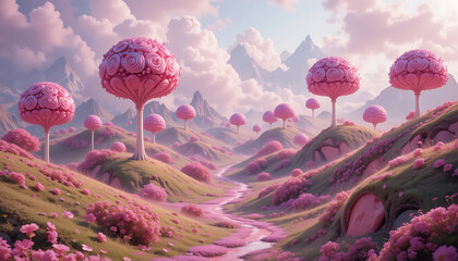 A dreamy, fantasy landscape filled with candy-shaped hills, towering pink lollipop trees, and a soft cloudy sky, creating a magical world.
