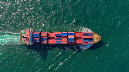 Colorful cargo containers on the deck of an ocean ship, seen from above,representing global trade and logistics, symbolizing international commerce, import export, and supply chain management concepts