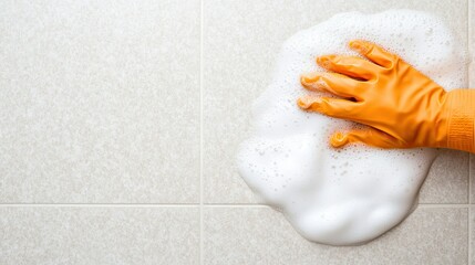 A person wearing an orange glove is diligently scrubbing tiles with soapy water in their home during a thorough cleaning session