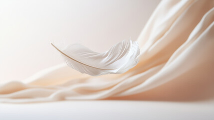 soft white feather floating gracefully against smooth fabric background