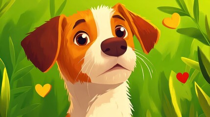A cartoon dog with a concerned expression amidst green foliage and hearts.