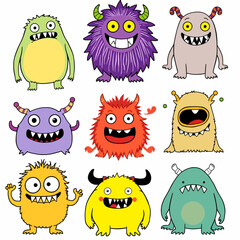 678009Cute monster set. Happy Halloween. Colorful silhouette monsters. Different faces. Eyes teeth, horns, hands. Kawaii cartoon funny boo character. Childish style. Flat design. White background. Vec