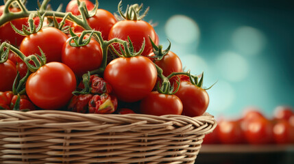 Fresh red tomatoes in wicker basket with green stems, vibrant colors