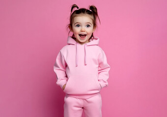 Smiling little girl in pink hoodie, standing with hands in pockets, against a vibrant pink background, portrait of happiness and innocence in a casual outfit.  