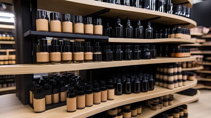 Cosmetic store display featuring diverse foundation shades and beauty products arranged neatly on wooden shelves