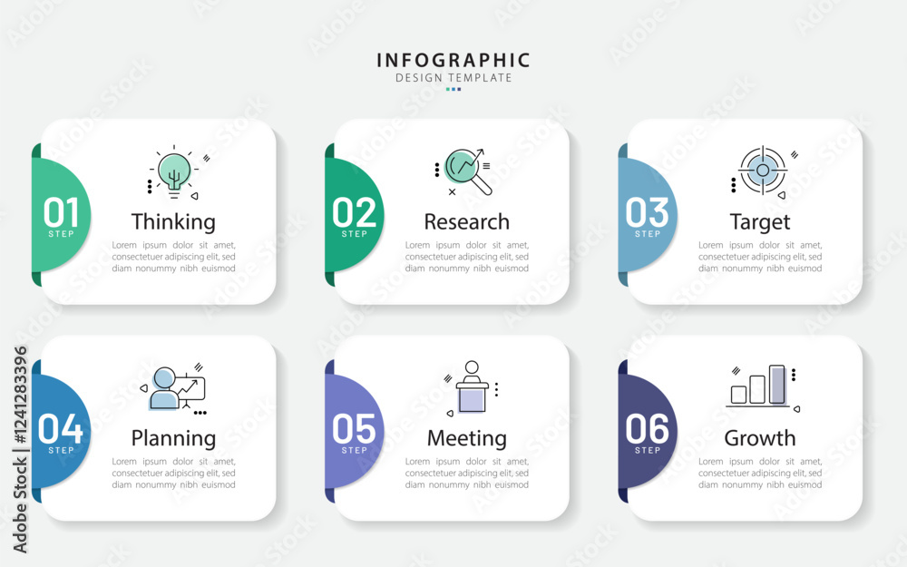 Fototapete infographic template. 6 step timeline journey, flat simple infographics design template. presentatio