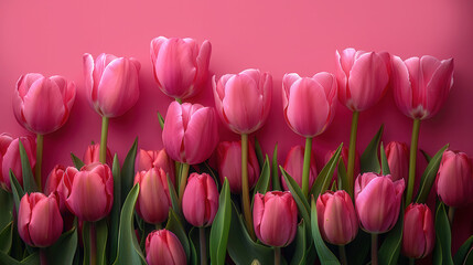 Obraz premium Tulips in row, copy space, pink background. Arrangement spring flowers, holiday concept, Mothers Day