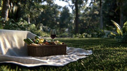 A serene picnic scene featuring a wicker basket filled with fresh fruits and a glass of wine on a blanket in a lush green forest