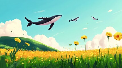 A whimsical scene of whales flying over a vibrant flower field under a blue sky.