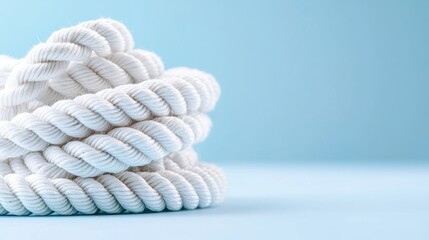 Obraz premium White rope coils on blue background, nautical theme, copy space
