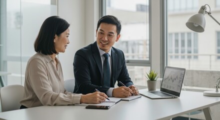 Obraz premium Collaborative Business Meeting: Two Asian business professionals, a man and a woman, engage in a productive discussion at a modern office desk.