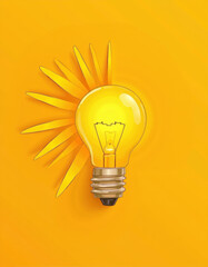 Light bulb with sun rays on yellow background