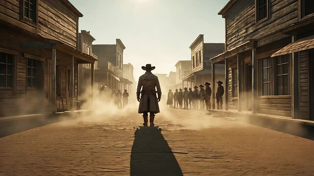 Lone Cowboy Standing in a Dusty Western Town Street Facing a Distant Crowd Under the Harsh Sunlight

