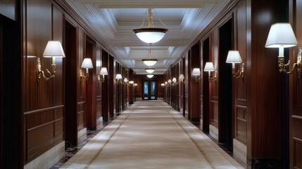The luxurious hotel boasts an elegant interior corridor, adorned with warm lighting that enhances the classic design, creating a serene atmosphere at night