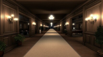 Fototapeta premium Elegant hallway with wooden paneling and cozy lighting creates an inviting atmosphere in a luxurious building at night