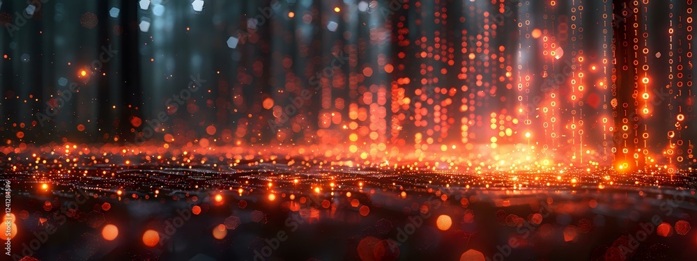 Poster digital orange glowing particles and light rays falling on dark reflective surface creating futurist