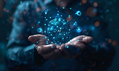 Hands holding glowing blue digital sphere with AI network and technology icons, representing artificial intelligence and machine learning innovation.