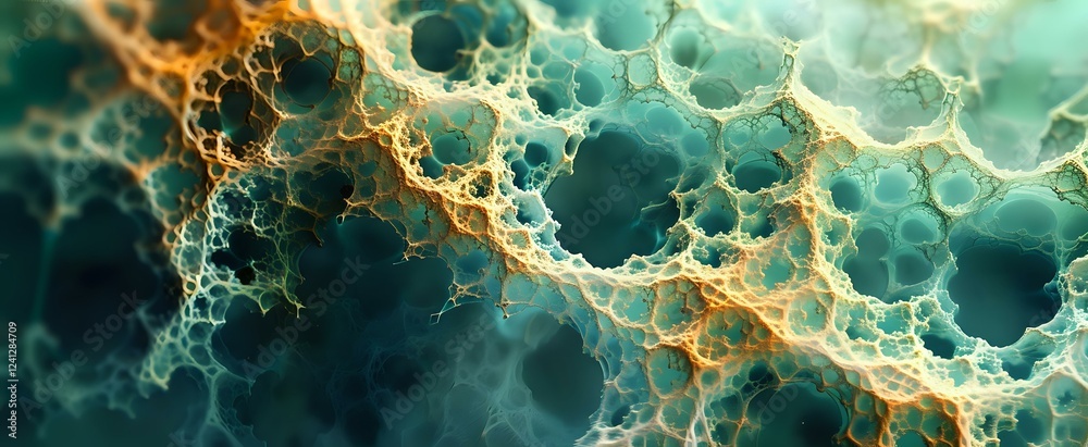 Poster microscopic view of cellular structure with glowing orange and teal patterns showing intricate netwo