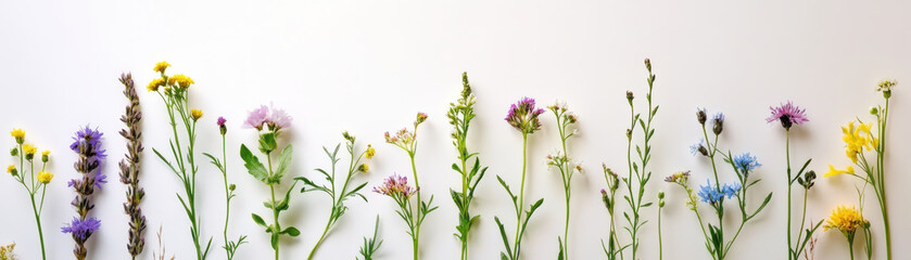 Fototapeta premium Delicate wildflowers arranged in minimalist style on light background