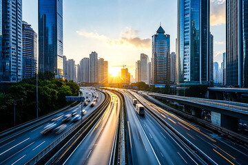Wide Urban Highway with City Buildings – Modern Cityscape View