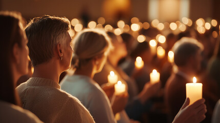 Church Service at Sunrise with Attendees Holding Candles and Singing