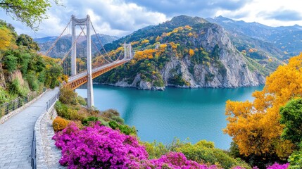 Autumnal bridge spanning lake, mountain backdrop. Travel postcard