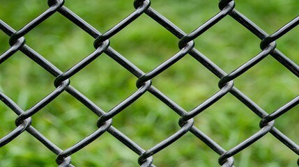 Fototapeta premium A black chain link fence featuring a diamond pattern surrounds a grassy area, all illuminated by bright daylight