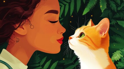 A girl and a cat share a tender moment amidst lush greenery.