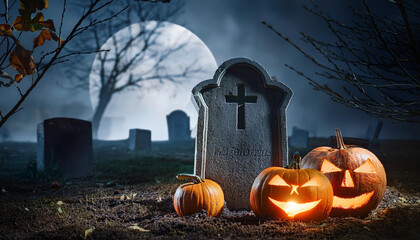 halloween tombstone with pumpkins and cemetery