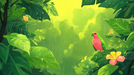 A vibrant jungle scene featuring a colorful bird amidst lush green foliage and flowers.