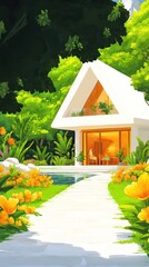 A modern house surrounded by vibrant flowers and lush greenery.